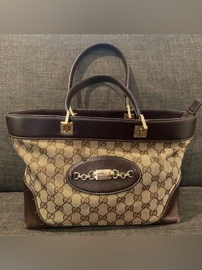 Gucci Beige GG Canvas Tote with Brown Leather & Gold Horsebit Hardware